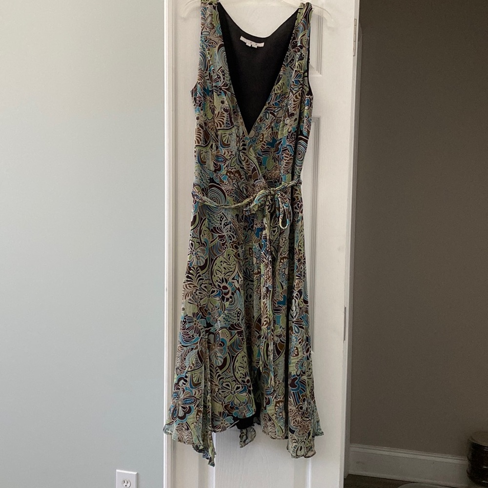 ICE chiffon sleeveless wrap dress size 6. Brown, black and teal Very versatile!